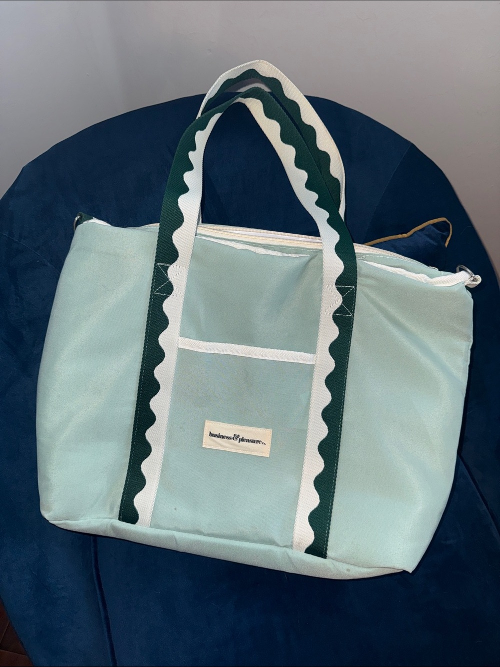 Business & Pleasure light mint tote with Dark Green Scalloped Straps - Carryall